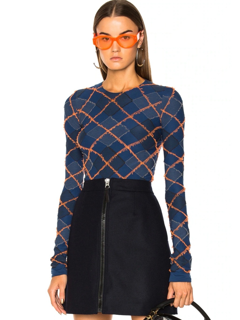 Rare Acne Studios 90s Navy Orange Grid-Pattern Argyle Bodycon Long Sleeve Top M